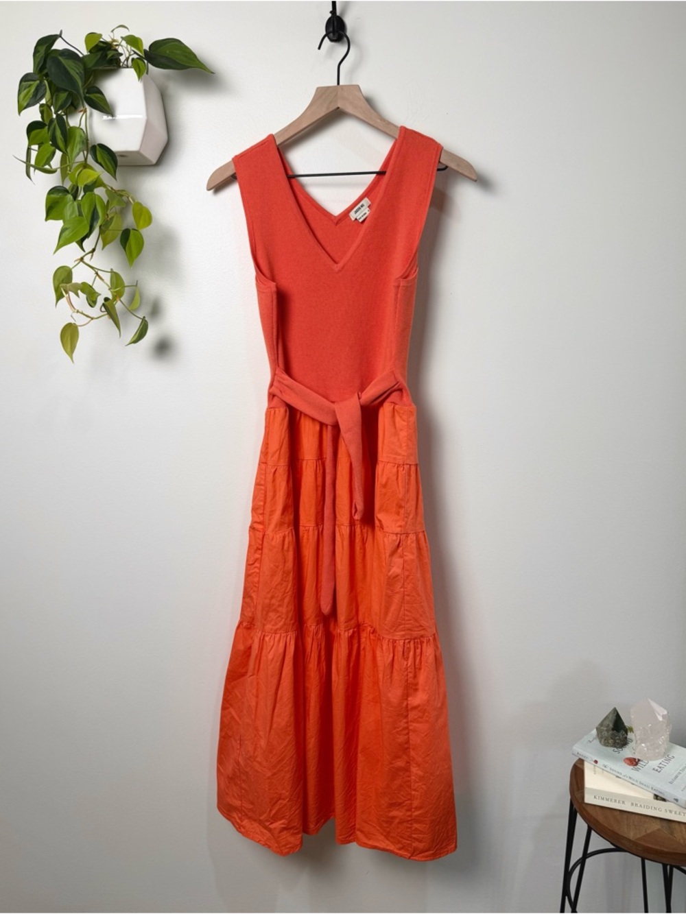 Jason Wu Coral Knit Bodice Poplin Tiered Midi Dress Sleeveless Tie Orange Size M
